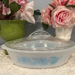 GlasBake Jeanette Milk Glass Blue Thistle Pattern 1QT Casserole With Lid